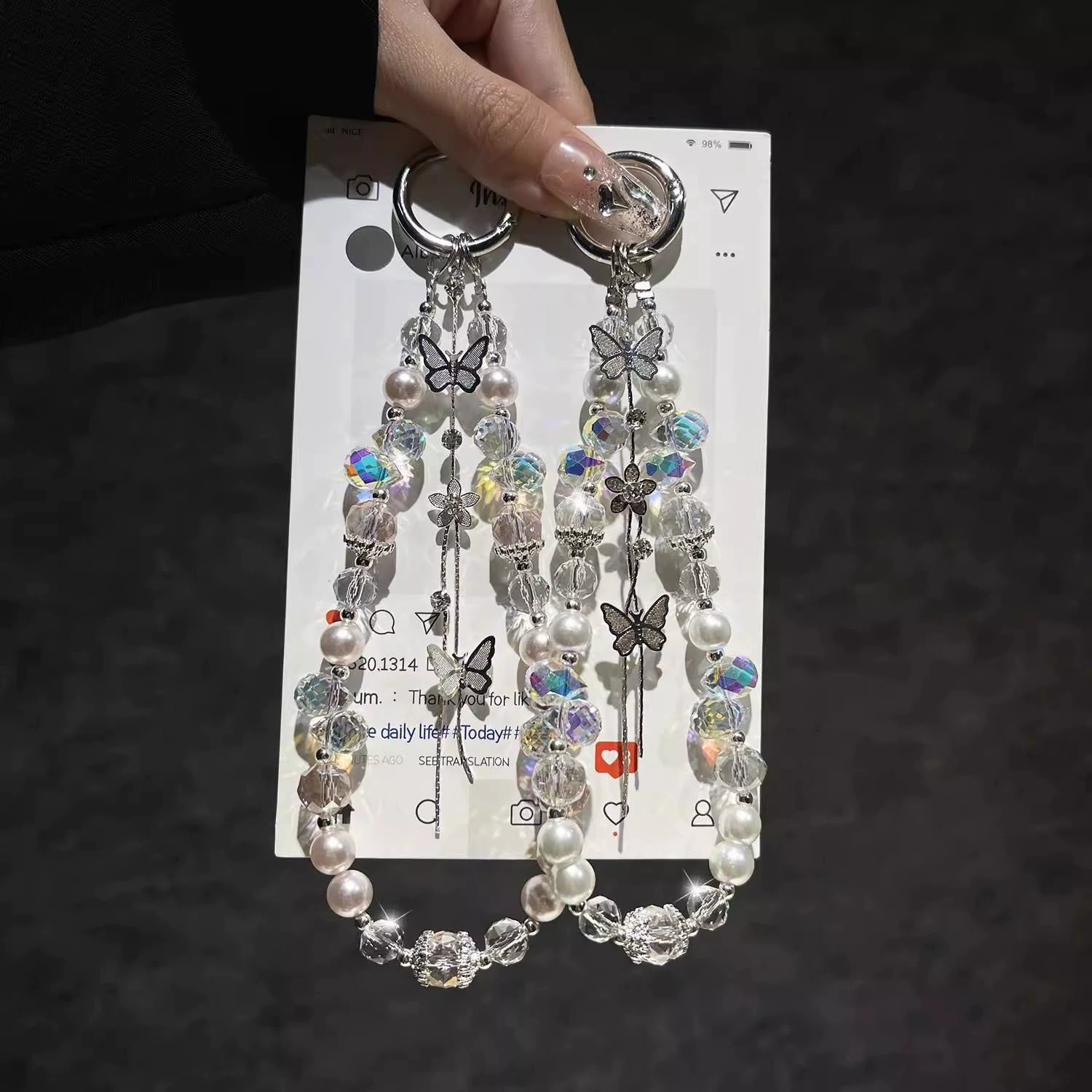Взрывной жемчужный кристалл бабочка с кисточками для мобильного телефона цепи запястье ручная сумка для ключа подвеска легкий роскошный чехол для телефона