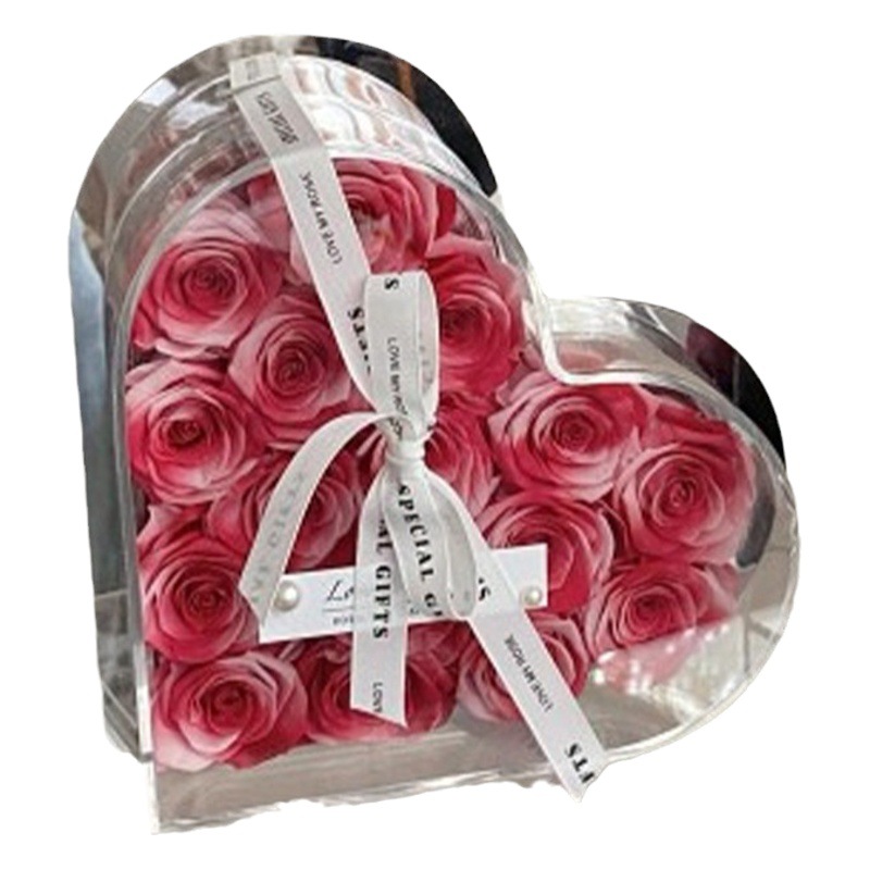 Rosa eterna de flores reales con temática de amor, producto terminado en caja de regalo acrílica, un regalo de alta gama para novia en el Día de San Valentín chino.