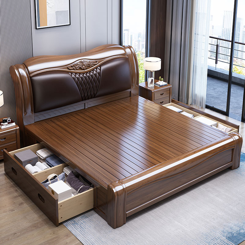 Walnut Solid Wood Bed 1.8m Modern Minimalist Double Bed with Genuine Leather Upholstery Chinese Style 2m Master Bedroom Luxury Large Bed Walnut Solid Wood Bed 1.8m Modern Minimalist Double Bed with Genuine Leather Upholstery Chinese Style 2m Master Bedroom Luxury Large Bed