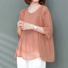 シフォンシャツレディースミッドスリーブ夏新作アイスシルクラウンドネック耳トップルーズ痩身お腹カバー大きいサイズ婦人服