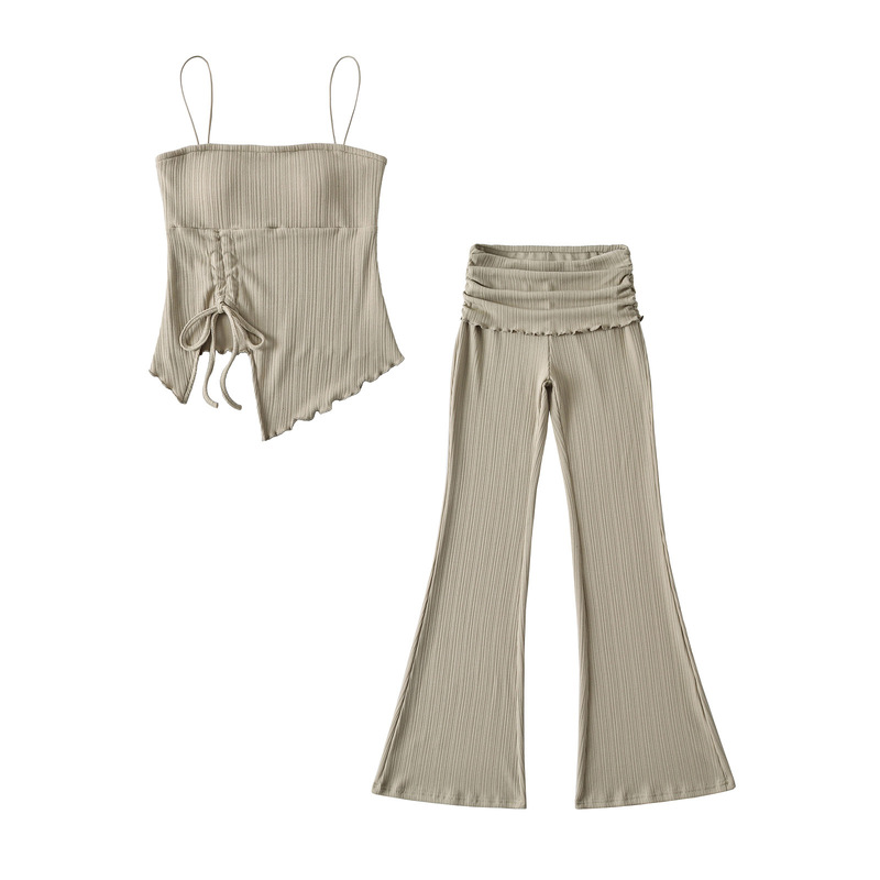 Cross-Border Women's Clothing Wholesale European and American Style Sexy Suspender Waist Slimming Look Top + Casual Versatile Micro-Flared Pants Suit