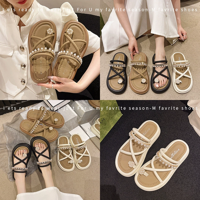 Сказочный ветер жемчужные шлепанцы со стразами для женщин летом носить новый крест с толстым дном с юбкой нескользящие пляжные сандалии