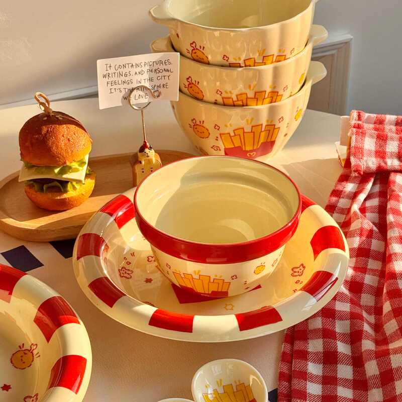 French Fries Head Ceramic Bowl for Home Use 2025 New High-Value Single-Person Dining Tableware, Good-Looking Bowls and Plates, Thickeneded Noodle Bowls