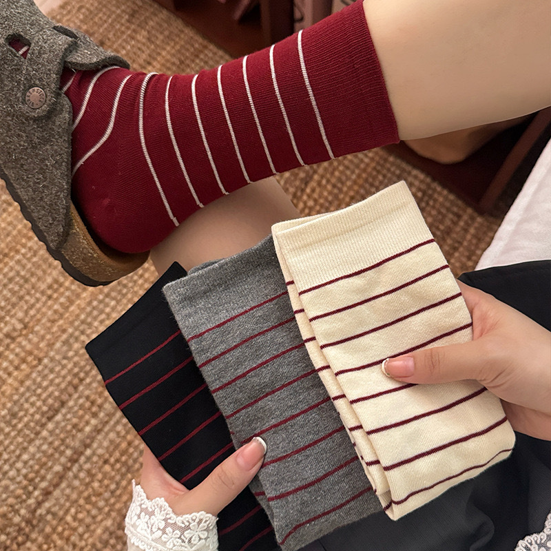 24 New Arrival Ankora Red Socks Women's Spring and Autumn wine red Middle Barrel Striped Stacking Socks Versatile in Boneless Moon Socks