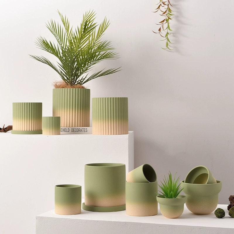 Скандинавский градиент оливково-зеленый керамический горшок горшок с отверстиями с поддоном для поглощения воды и вентиляции