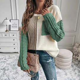 欧美2025年秋冬新款跨境套头针织长袖宽松拼接色麻花绞花毛衣