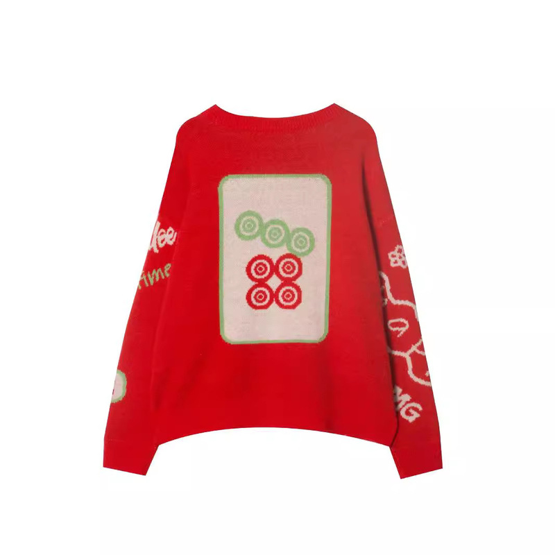 Autumn and Winter Warm Knitted Pullover Sweater with Mahjong Pattern, Christmas Style, Festive and Versatile Long-Sleeved Top for Women