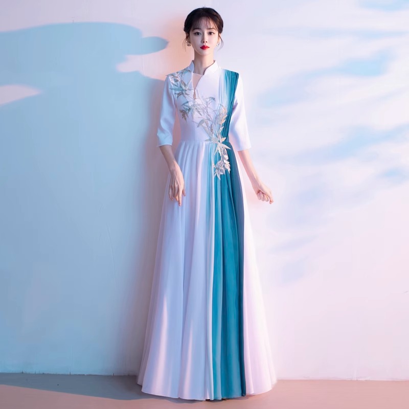 Chinese Style Performance Clothing for Female Students, Chorus Performance Dress, New Half-Sleeved Guzheng Stage Group Performance