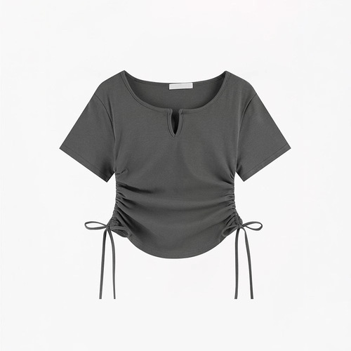 Designers' V-neck drawstring slimming pure desire short-sleeved women's T-shirt 2025 summer new pure color top trendy