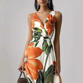 2025年新款性感欧美跨境印花显瘦束腰超大裙摆连衣裙