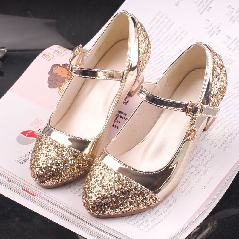 Children's Shoes, Girls' Leather Shoes, Korean Style High-Heeled Princess Shoes, Frozen Silver Children's Dance Shoes, Elsa Shoes, Summer