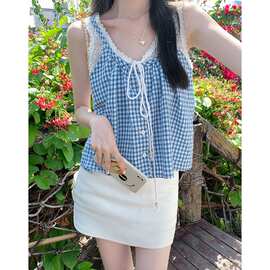 甜美森系蓝色格子蕾丝假两件吊带背心女夏季韩版宽松外穿无袖上衣