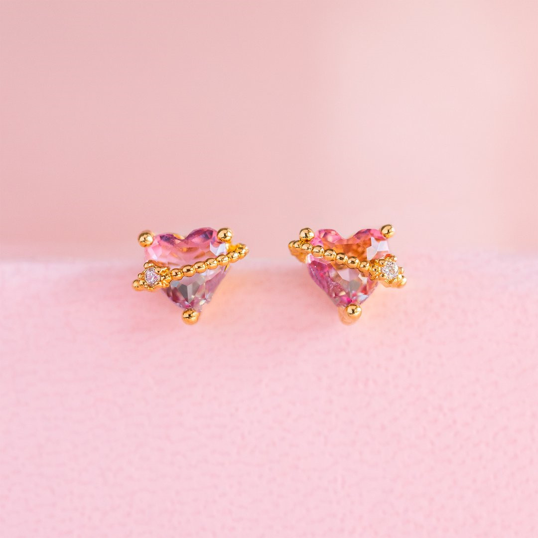 Hot Pink Peach Heart Stud Earrings Copper Plated 18k Real Gold Color Preserving Earrings display picture 2