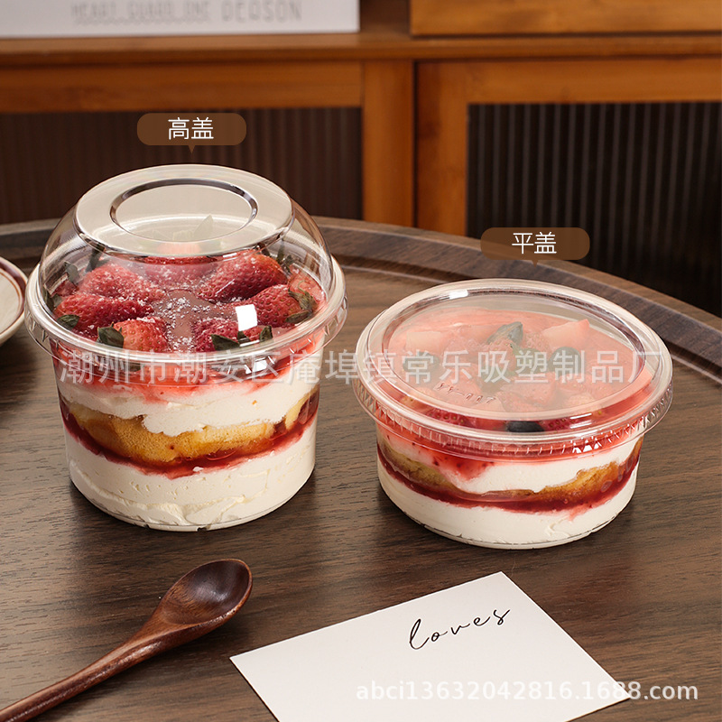 Tazón de pastel de lasana, tazón de hielo en polvo, tazón de fresa, mango, gelatina, fruta fresca cortada, caja de embalaje PET transparente grande y pequeña