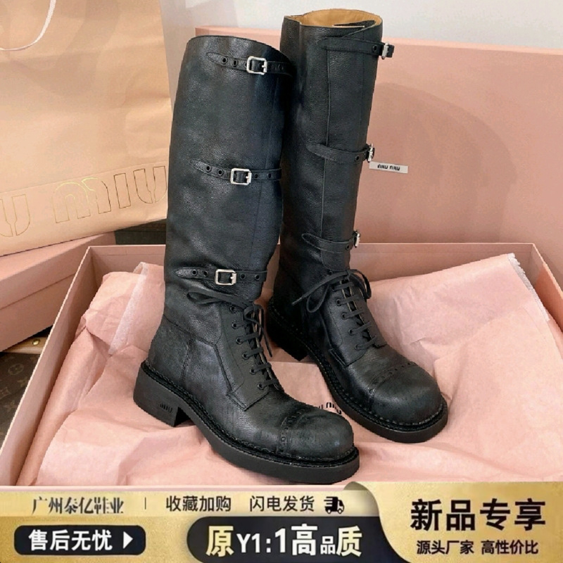 Miu's 2024 New Model~ Versatile Leather Long Boots for Dresses, Casual Wear, Vintage Cowboy Boots, Belt Buckle Riding Boots