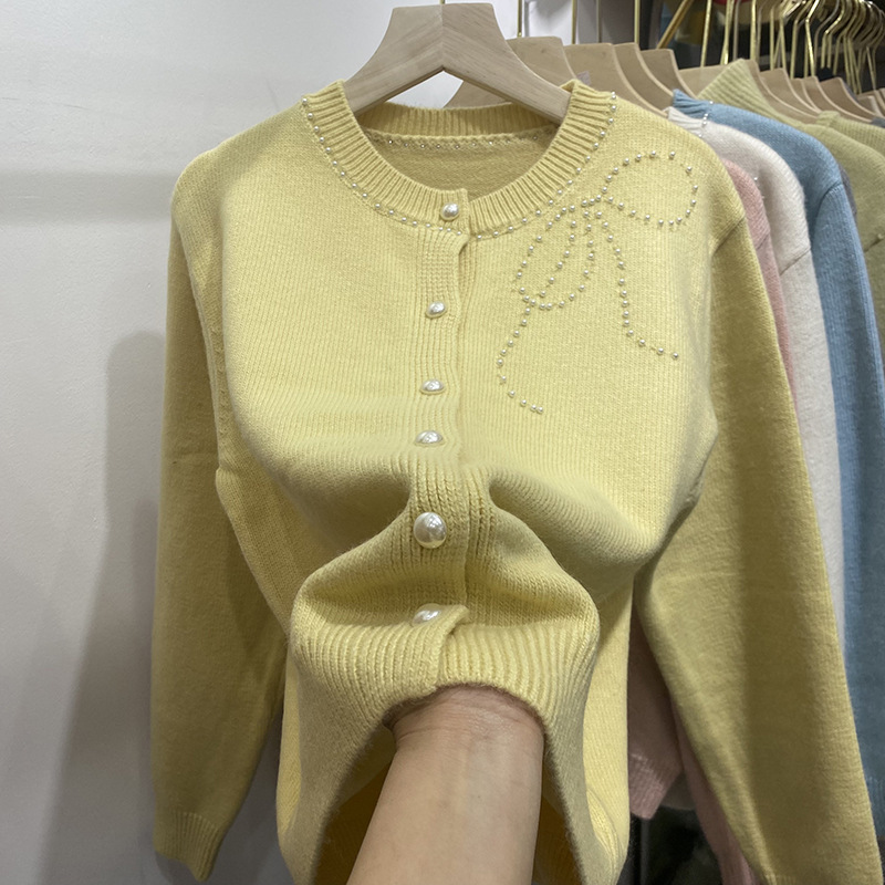 Women's Clothing Chic Embellished Bow Knit Cardigan For Women - Autumn Casual Long Sleeve Open Front Sweater (Blue, Yellow, Gray, Beige, Pink)_voghion.com