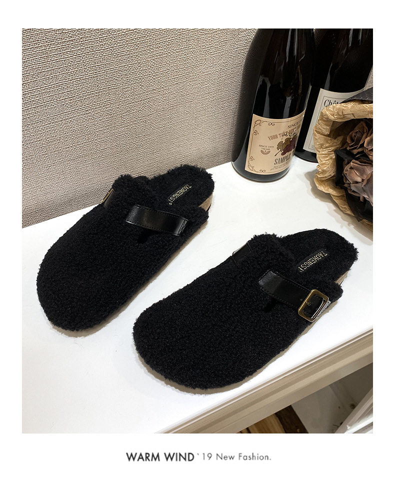 Dép nửa gót bít mũi lông xù kiểu Birkenstock cổ điển cho nữ, mũi tròn — Màu nâu, Màu trắng sữa, Màu đen chi tiết 11