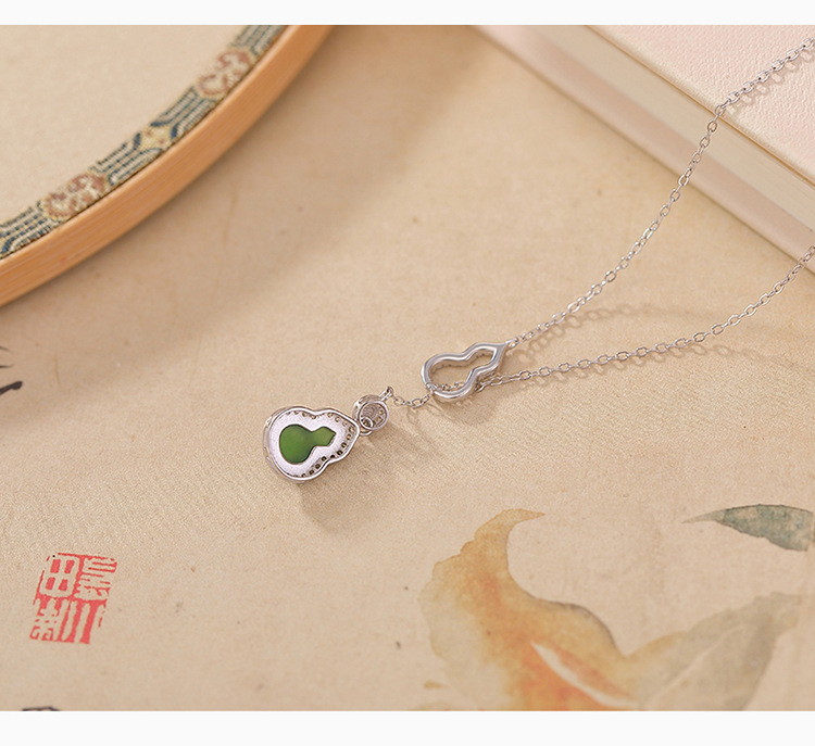 Dây chuyền bạc S925 mạ vàng mặt ngọc Hetian hình quả bầu hạt Fulu — Mẫu bạc (bao gồm cả dây chuyền) chi tiết 5