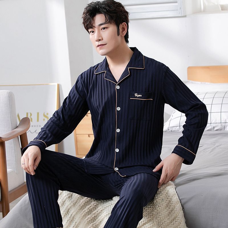 Pajamas de algodón extra grande primavera y otoño hombres cardigans de manga larga juventud de mediana edad ropa de hogar simple y suelta