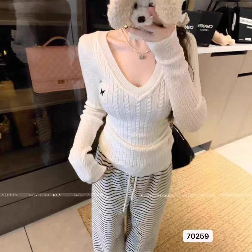 韩系麻花v领针织打底衫女秋冬设计感甜辣妹内搭毛衣上衣