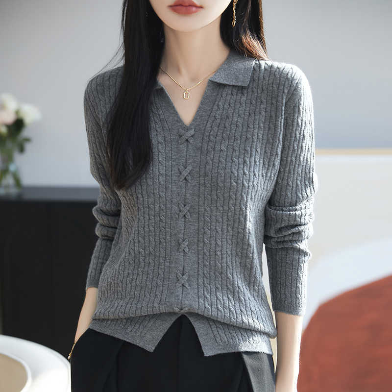 Solid color sweater with a turn-down collar, cable-knit pattern, women's spring and autumn pullover 2026, cable-knit sweater with a turn-down collar top Solid color sweater with a turn-down collar, cable-knit pattern, women's spring and autumn pullover 2026, cable-knit sweater with a turn-down collar top