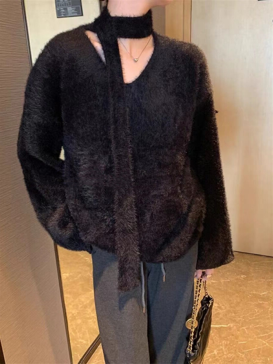Sciarpa con scollo a V in stile coreano con pullover in pelliccia di visone, morbida maglia appiccicosa per l'autunno e l'inverno delle donne_voghion.com