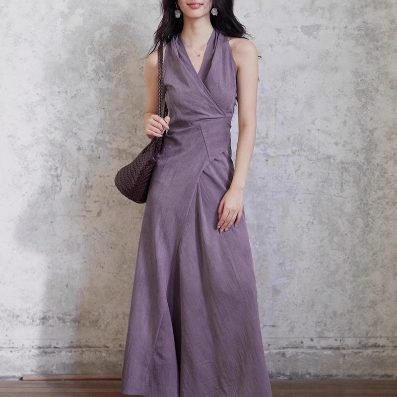 Tyang Er Yang Design [Qingwan] Elegant Purple V-Neck Halter Long Dress with Tie Design for Women