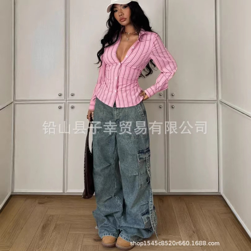Cross-Border Xiyin Hot-Selling American Retro Striped Shirt for Women, Spring and Autumn Slim-Fit Collared Long-Sleeve Trendy Top Cross-Border Xiyin Hot-Selling American Retro Striped Shirt for Women, Spring and Autumn Slim-Fit Collared Long-Sleeve Trendy Top