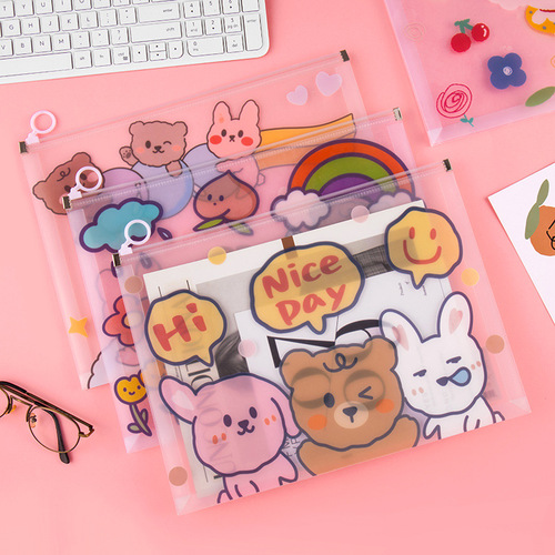 Cartoon cute transparent frosted PP file bag A4 thickened side bag file bag test paper bag storage stationery set