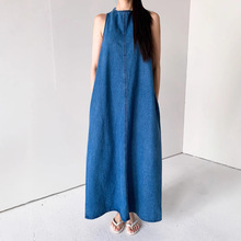 韩国chic2025春夏新品复古法式小众设计感后绑带背心牛仔连衣长裙