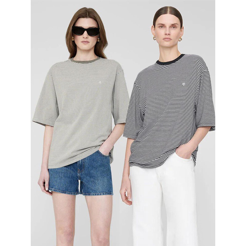 24 Early Spring New North American Niche Ab Classic Logo Embroidered Striped Loose Cotton Women's Short Sleeve T-Shirt 24 Early Spring New North American Niche Ab Classic Logo Embroidered Striped Loose Cotton Women's Short Sleeve T-Shirt
