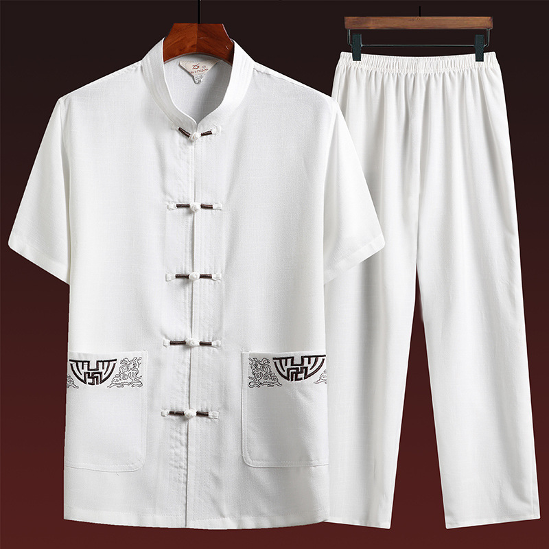 Men's Tang Suit Suit for Middle-Aged and Elderly Fathers, Cotton Linen Chinese Style Fold Button Short-Sleeve Suit for Grandpas