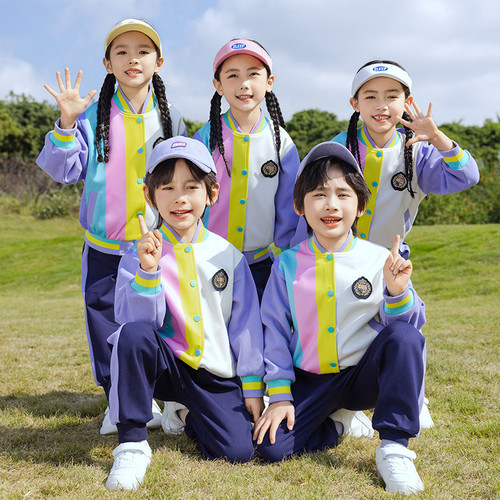 School uniform set spring and summer pure cotton purple British college style baseball uniform for primary and secondary school students class uniform kindergarten children's uniform