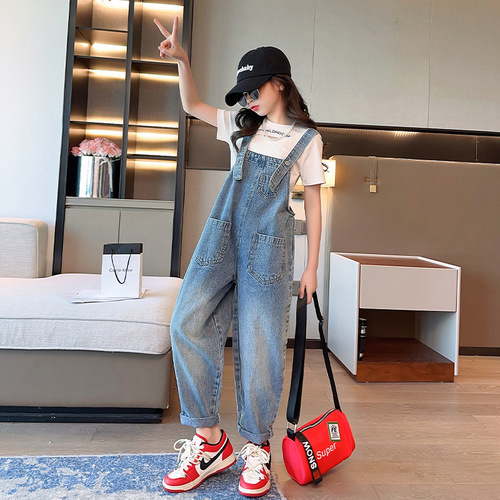 Korean style children's clothing girls' overalls children's clothing 2024 spring and summer new style medium and large children's trendy label denim overalls