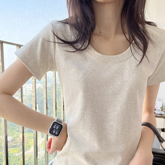 クラシックベーシックUネックグレー万能半袖Tシャツレディースアメリカンスリムフィット半袖トップローネックボトリングシャツ