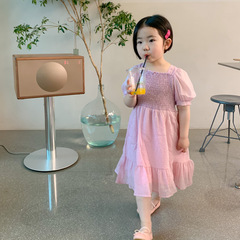 跨境女童裝夏季新款花邊女童泡泡袖連衣裙洋氣蝴蝶結女孩公主裙