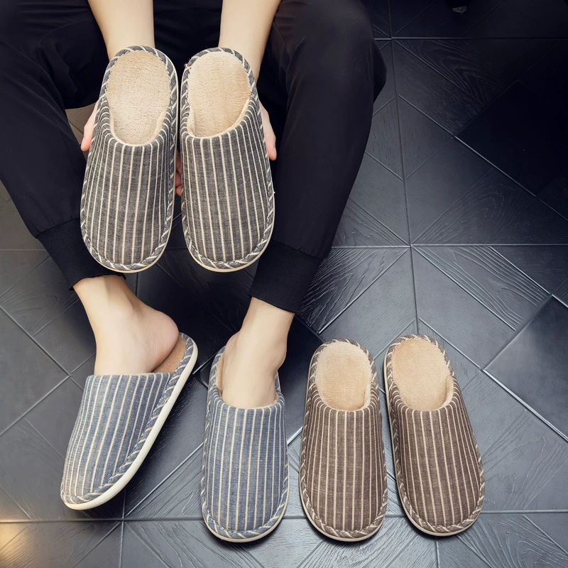 Осенние и зимние хлопчатобумажные тапочки с толстой подошвы для мужчин и женщин домашние пары противоскользящие вспотели полоски противоскользящие зимние тапочки