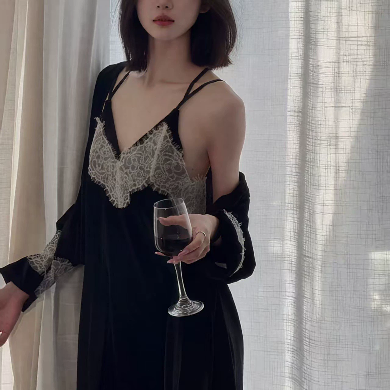 Осенние бархатные кружевные пижамы для ресниц, sexy банная халат, комплект, кружевное платье, утягивающий эффект
