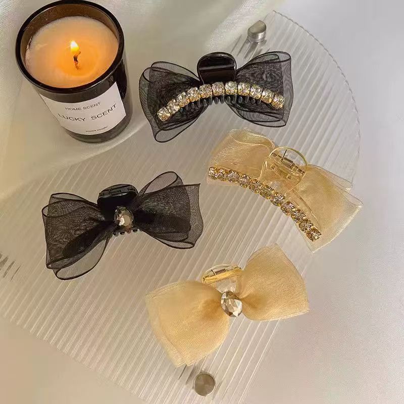 新款小香风双面蝴蝶结抓夹网纱水钻爪夹发夹女侧边刘海夹前额