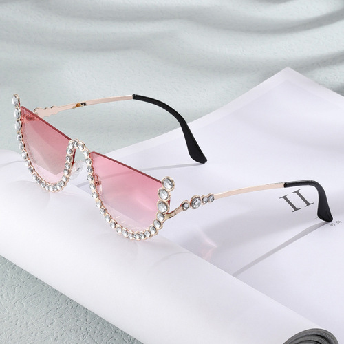 23 European and American Personality Diamond-embellished Sunglasses with Cat-Eye Style Half-Rim Frameless Sunglasses