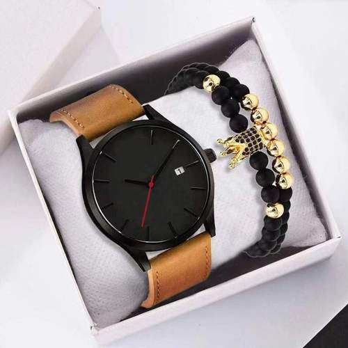 Foreign trade men's casual fashion calendar belt watch three-piece set with bracelet gift set quartz men's watch