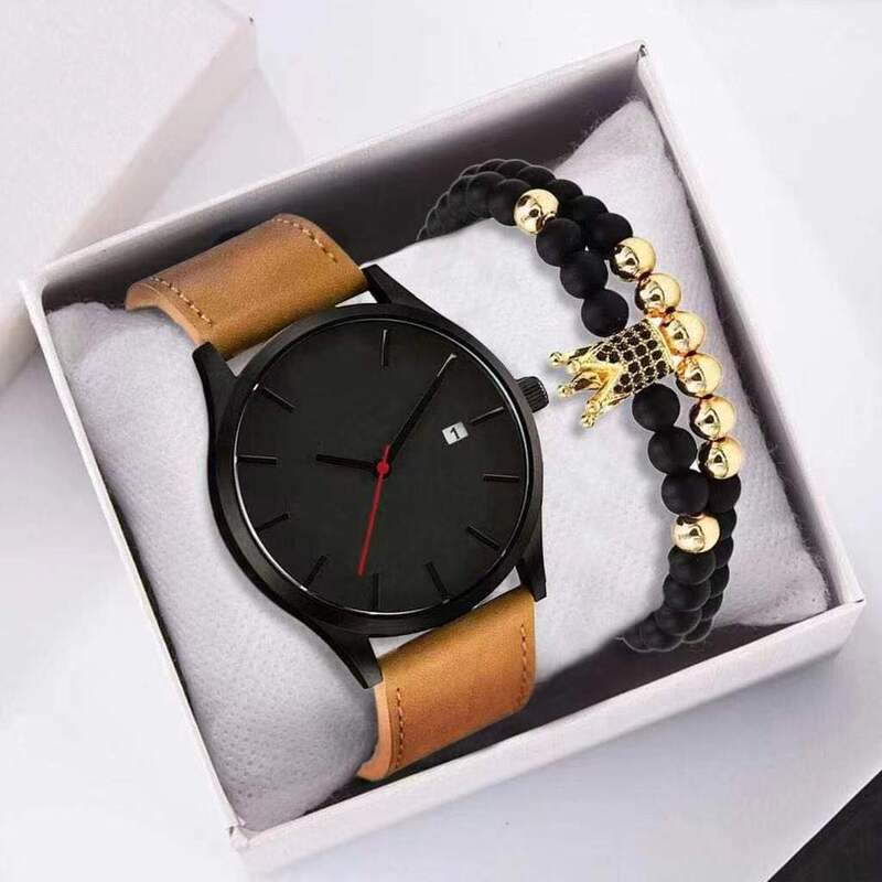 Foreign Trade Men's Casual Fashion Calendar Belt Watch Explosive Three-piece Set with Bracelet Gift Set Quartz Men's Watch