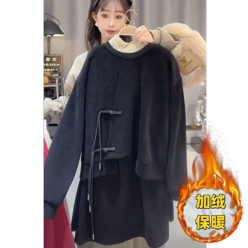 国风卫衣套装女加绒加厚秋冬新款甜美宽松休闲上衣半身裙两件套潮|undefined