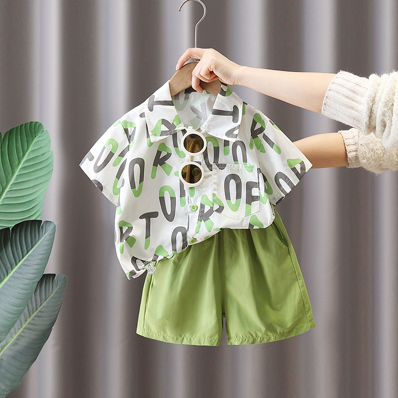 7112 Traje de camisa con letras para niños, camisa de manga corta de moda de verano para niños guapos, traje de dos piezas de verano