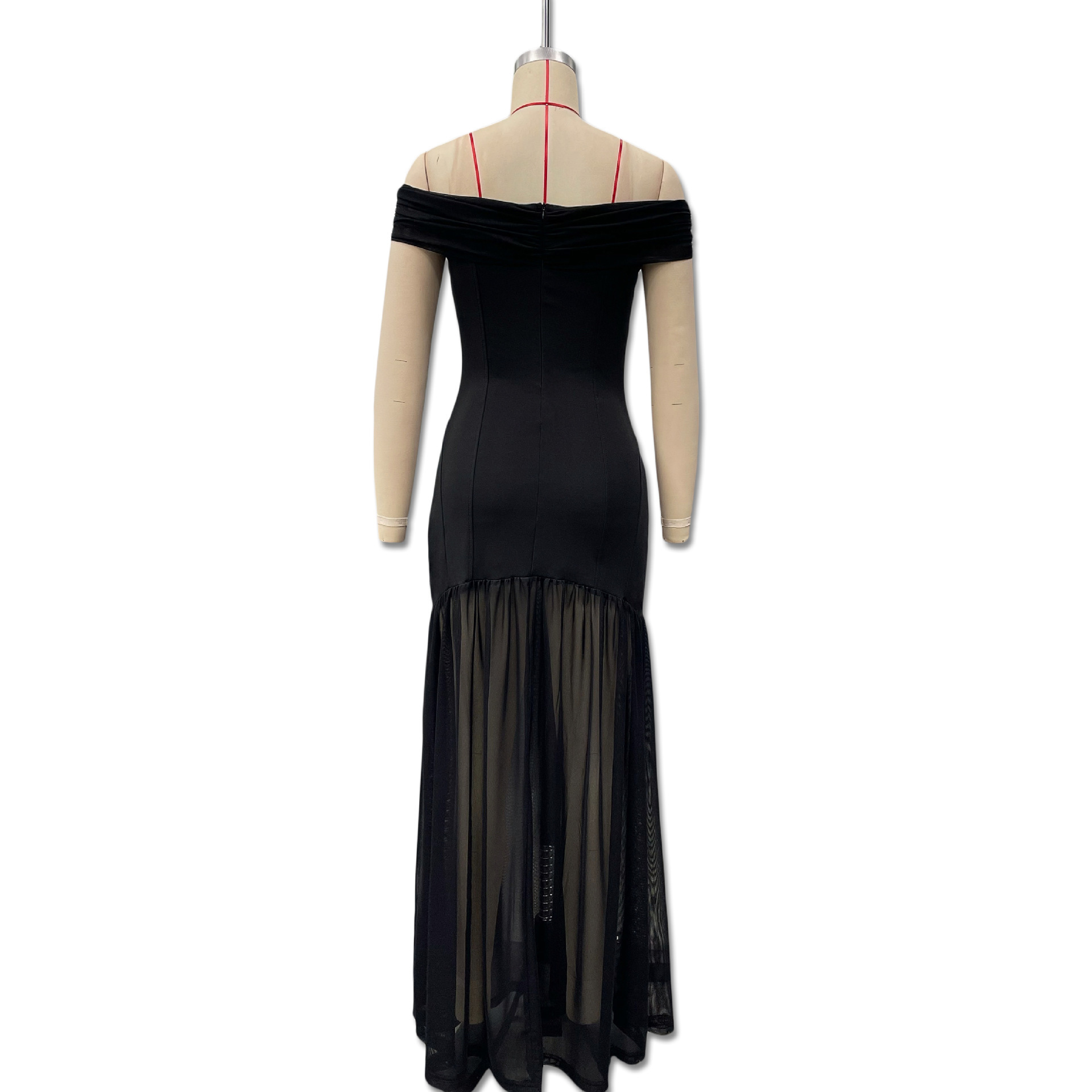 Women's Elegant Off Shoulder Backless Mesh Panel Flowy Maxi Dress – Sexy Summer Gown 2026_ecoleips.com