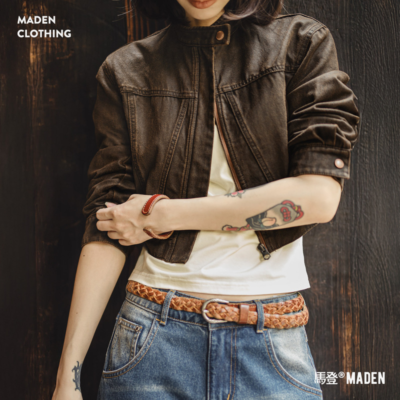 Maden American Retro Maillard Stand-Collar Niche Oil-Waxed Suede Jacket Slim-Fit Short Motorcycle Jacket for Women Spring