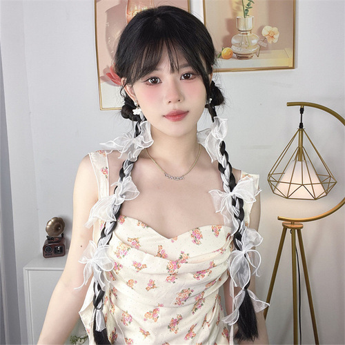 Ponytail wig female bow hand braided long hair twist braid photo photography props Hani headdress ponytail