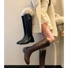 全牛皮高筒骑士靴加绒皮带扣长筒靴子胖mm大筒围粗腿中粗跟长靴女