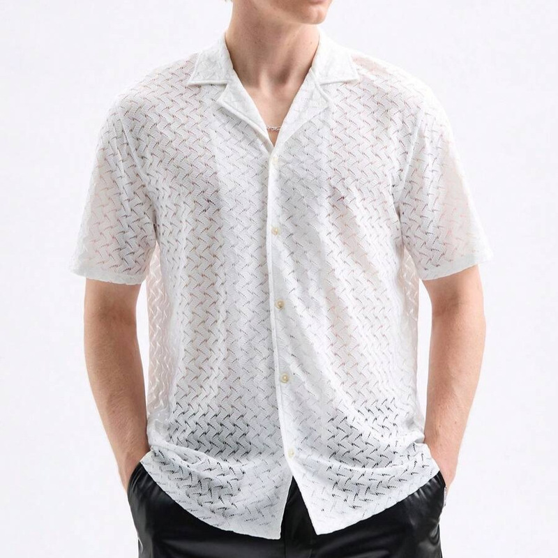 European and American Cross-border Hot Selling Men's Knitted Jacquard Translucent Lapel Short-sleeved Lightweight Casual All-match Fashion Shirt