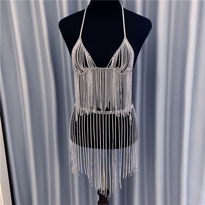 fashion long tassel rhinestone top skirt suit sexy clothing body chain